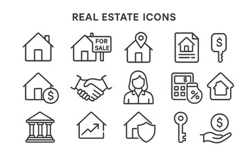 Collection of vector real estate icons depicting various property-related concepts and transactions for use in digital design
