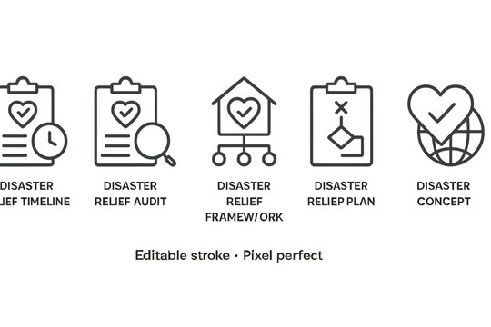 Vector icon set depicting disaster relief processes for efficient planning and response in emergencies