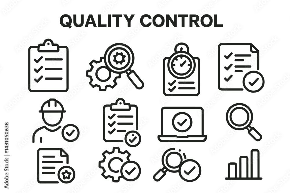 Poster vector icon set illustrating various aspects of quality control in a business environment