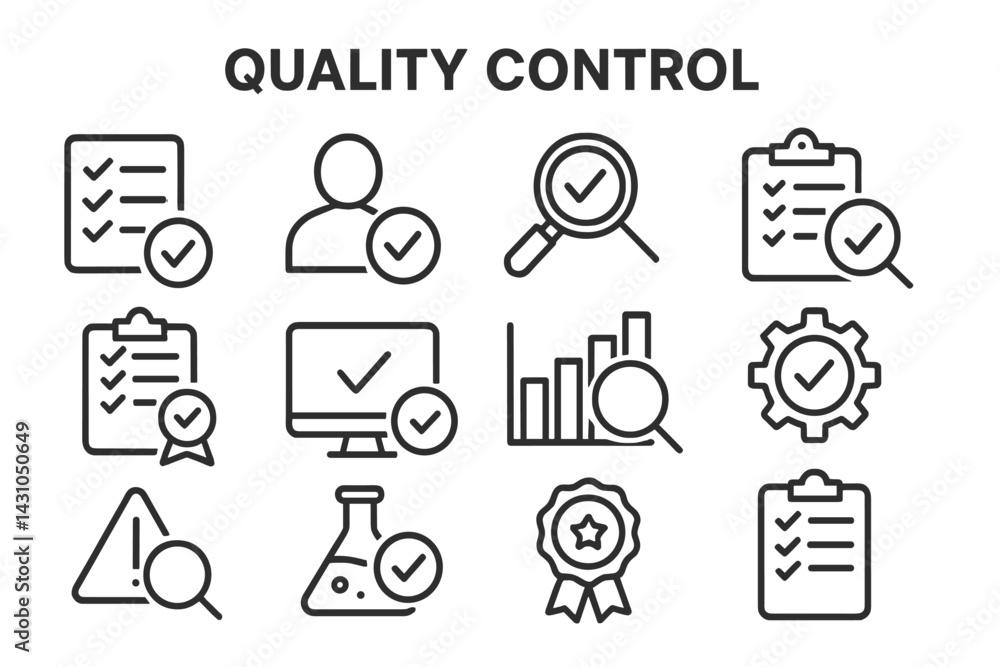 Poster quality control vector icon set featuring checkmarks, magnifying glasses, and related symbols for ef