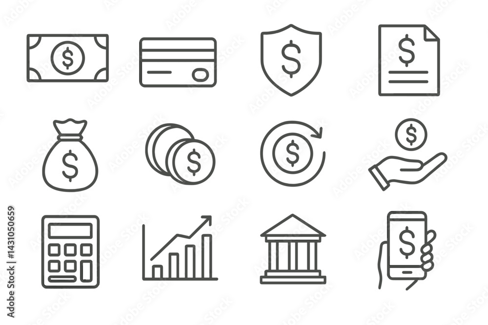 Poster vector icon set representing financial themes including currency, banking, and transactions for use 