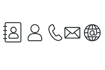Vector icon set representing communication tools including contact book, user profile, phone, email, and internet globe