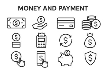 Vector icon set showcasing various money and payment concepts including cash, cards, coins, and digital transactions