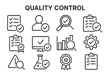 Quality control vector icon set featuring checkmarks, magnifying glasses, and related symbols for efficient evaluation processes