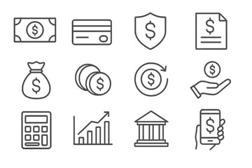 Vector icon set representing financial themes including currency, banking, and transactions for use in digital design projects