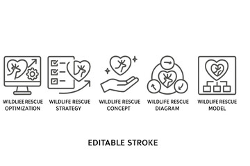 Vector icon set showcasing various wildlife rescue concepts such as optimization, strategy, and models for effective conservation efforts
