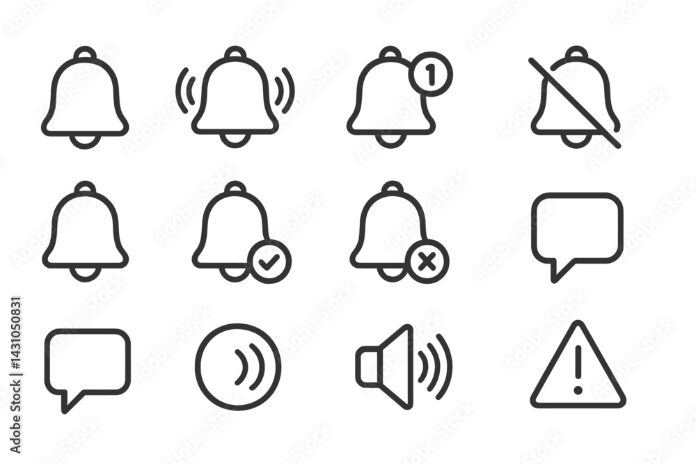Poster vector icon set showcasing various notification and sound indicators for modern applications and dev