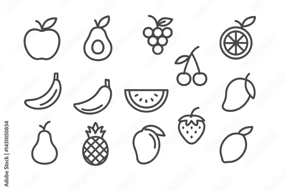 Poster fruit vector icon set featuring a variety of illustrations of popular fruits in simple line art styl