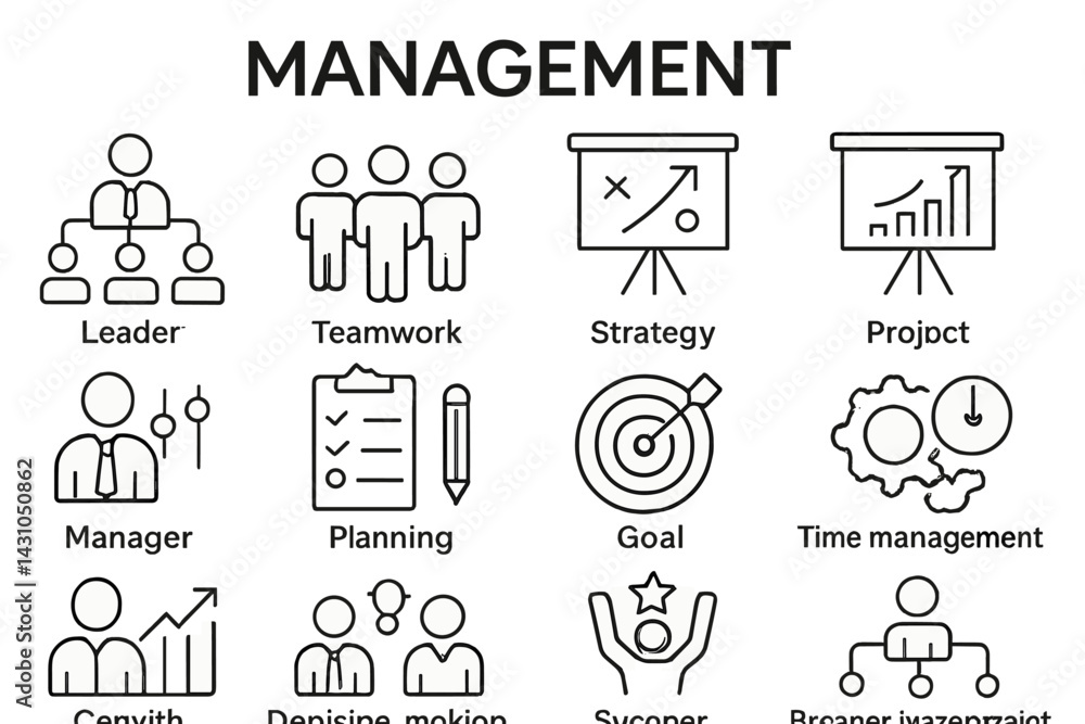 Poster vector icon set illustrating management concepts including teamwork, strategy, and planning elements