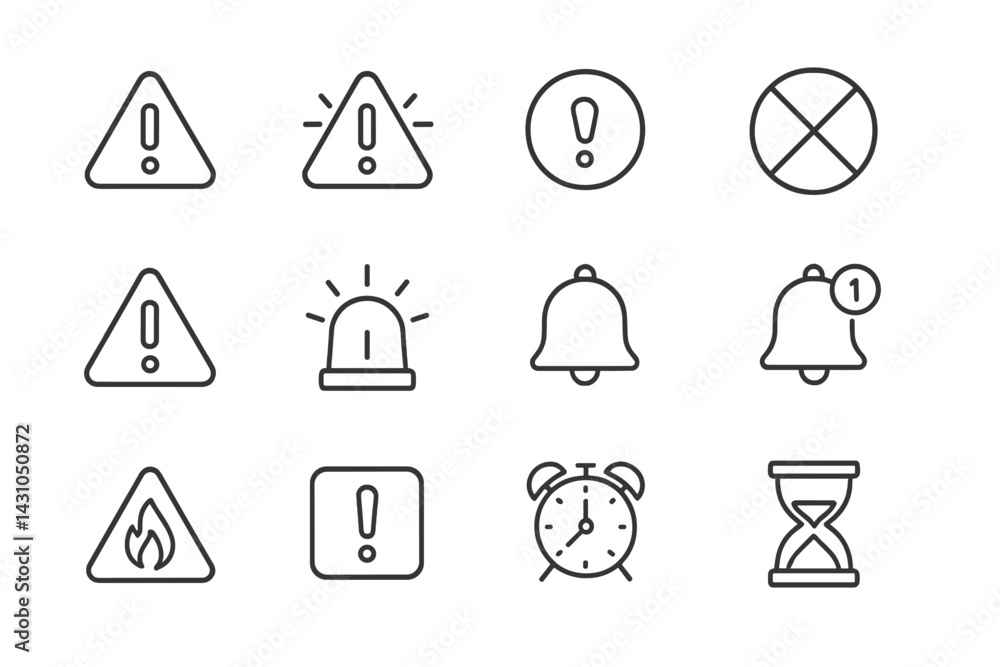 Poster vector icon set featuring warning symbols, alerts, and timers used in various notifications and safe