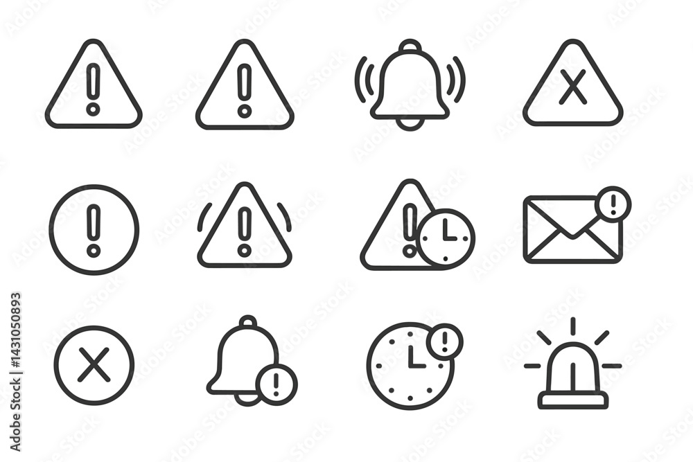 Poster vector icon set featuring alert symbols and notifications for various contexts and uses in design an