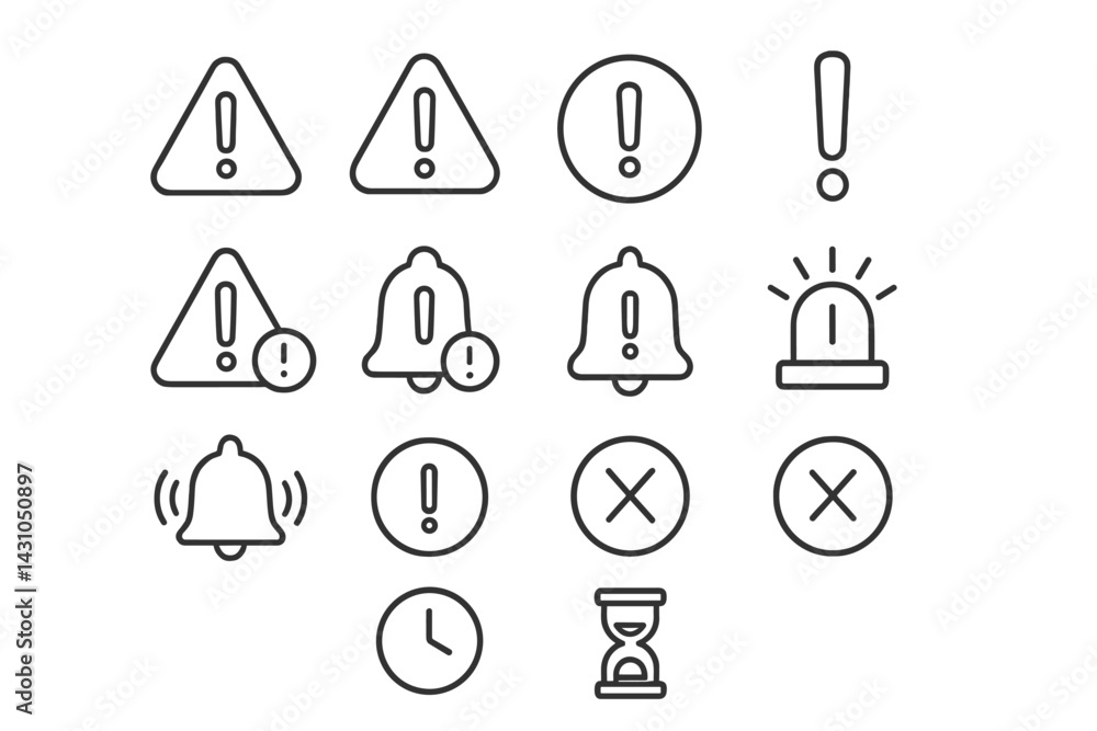 Poster vector icon set featuring alert symbols for notifications and warnings in minimal design style