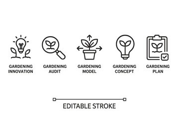 Vector icon set featuring symbols of gardening innovation, auditing, modeling, concepts, and planning for effective gardening practices