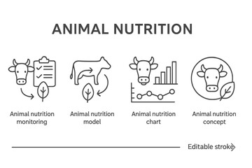Vector icon set of animal nutrition concepts displaying various aspects of monitoring and analyzing livestock dietary needs