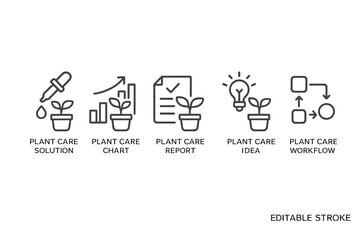 Vector icon set representing various stages of plant care, including solutions, charts, reports, ideas, and workflows