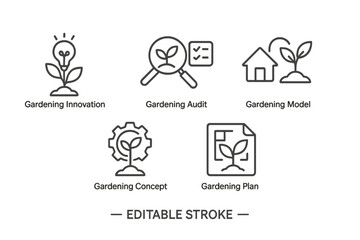 Collection of vector icons depicting gardening activities and concepts for innovative gardening practices and planning