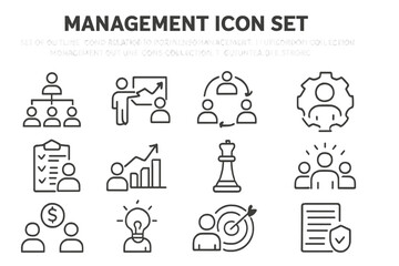 Management icon set featuring various symbols for team collaboration, strategy, and financial growth in a minimalistic style