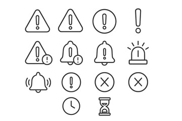 Vector icon set featuring alert symbols for notifications and warnings in minimal design style