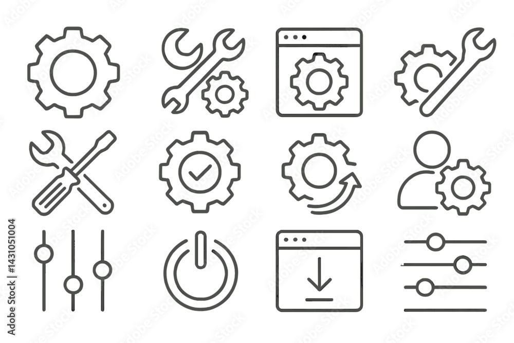 Poster vector icon set featuring tools, gears, and user interface elements designed for software and mechan