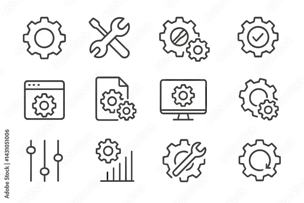 Poster vector icon set featuring gears, tools, and technology symbols for design and development applicatio