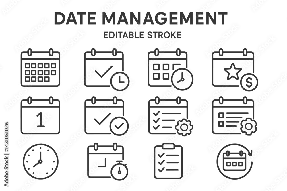 Poster vector icon set for date management featuring calendars, checklists, and clocks for organizational t