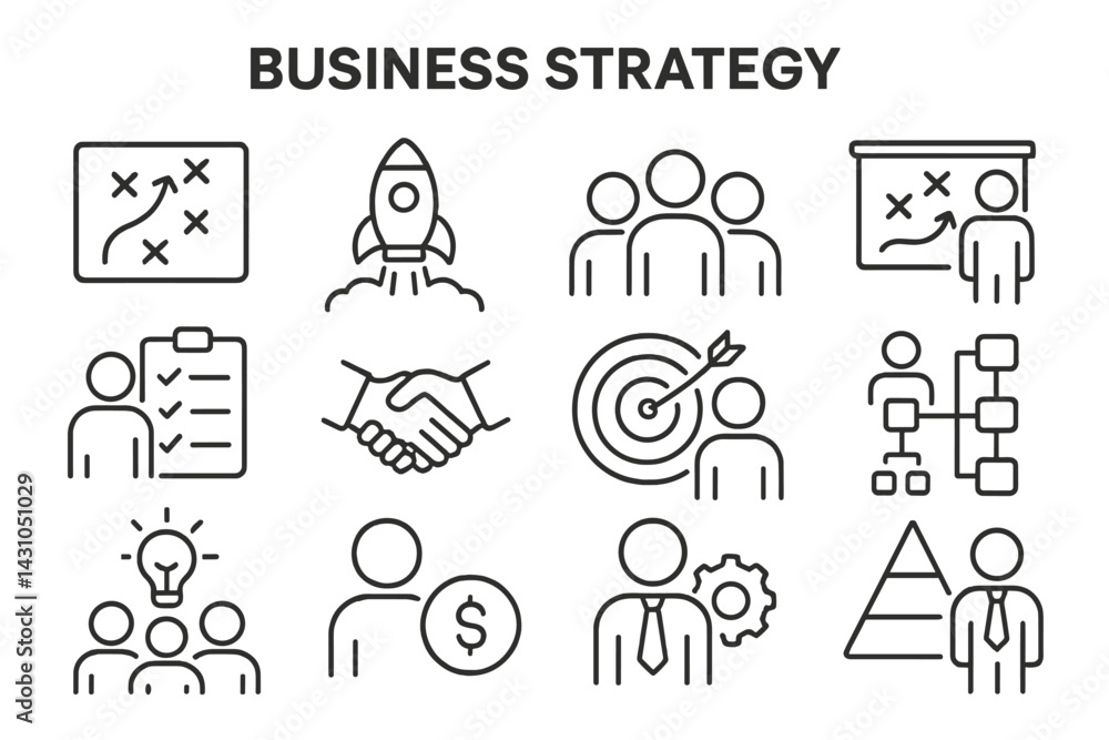 Poster vector icon set depicting various concepts related to business strategy and teamwork in a minimalist