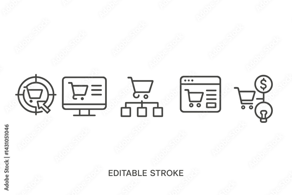 Aufkleber vector icon set depicting various aspects of online shopping and e-commerce in a minimalist style fo