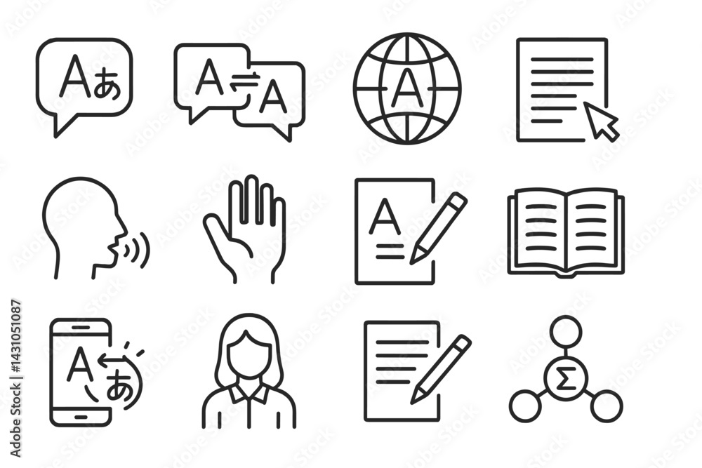 Poster vector icon set representing language learning, communication, and translation concepts for educatio