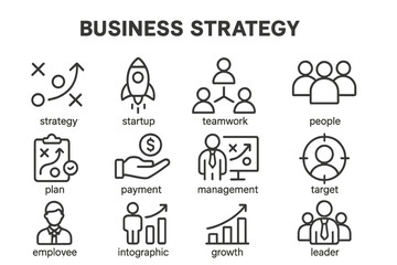 Comprehensive vector icon set representing various aspects of business strategy, teamwork, and growth concepts