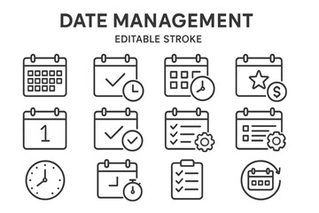 Vector icon set for date management featuring calendars, checklists, and clocks for organizational tasks