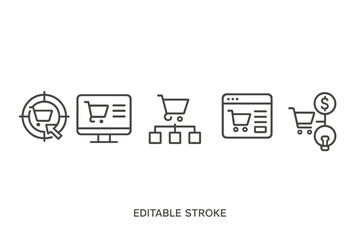 Vector icon set depicting various aspects of online shopping and e-commerce in a minimalist style for digital applications