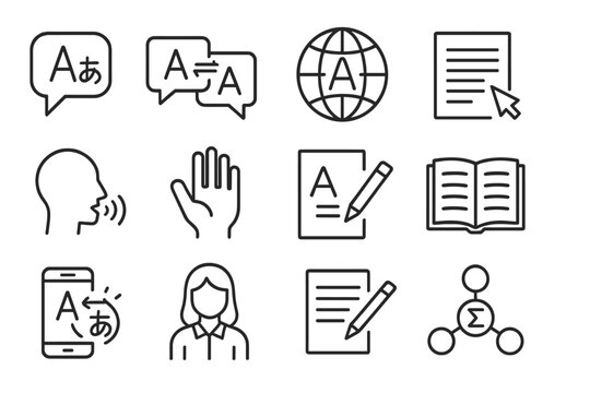 Vector icon set representing language learning, communication, and translation concepts for educational purposes