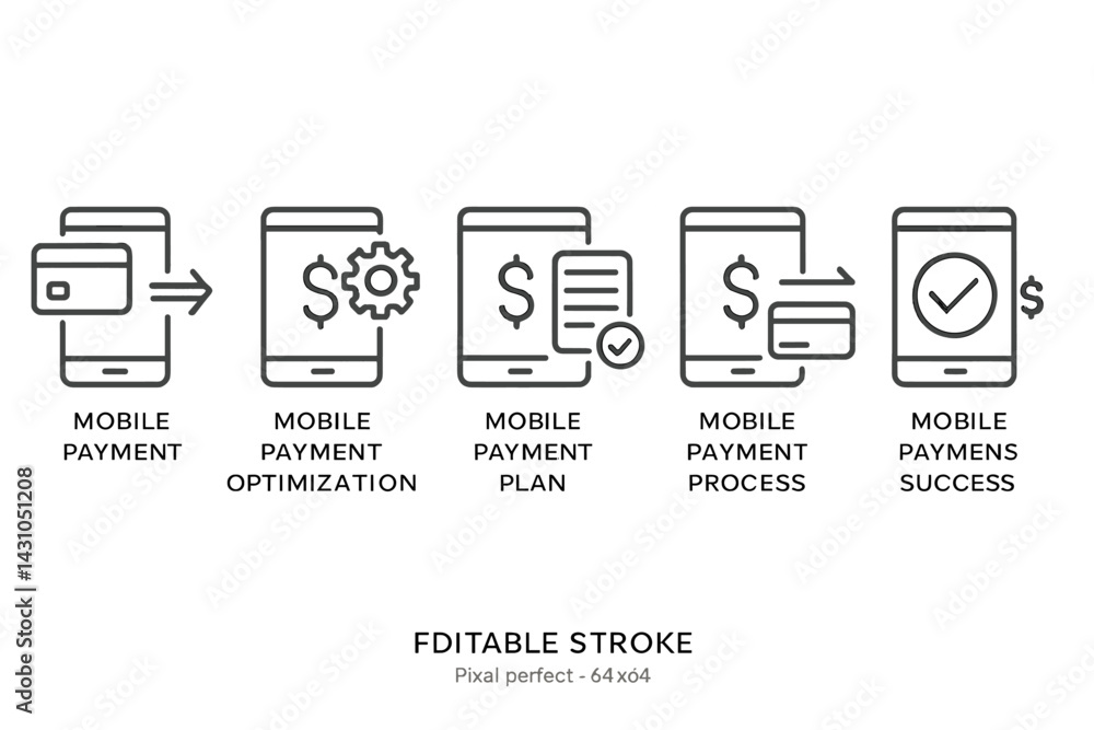 Poster vector icon set illustrating various stages of mobile payment processes for digital transactions