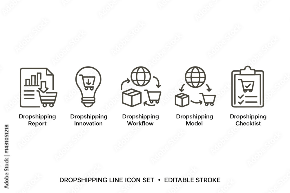 Poster vector icon set showcasing dropshipping concepts including report, innovation, workflow, model, and 