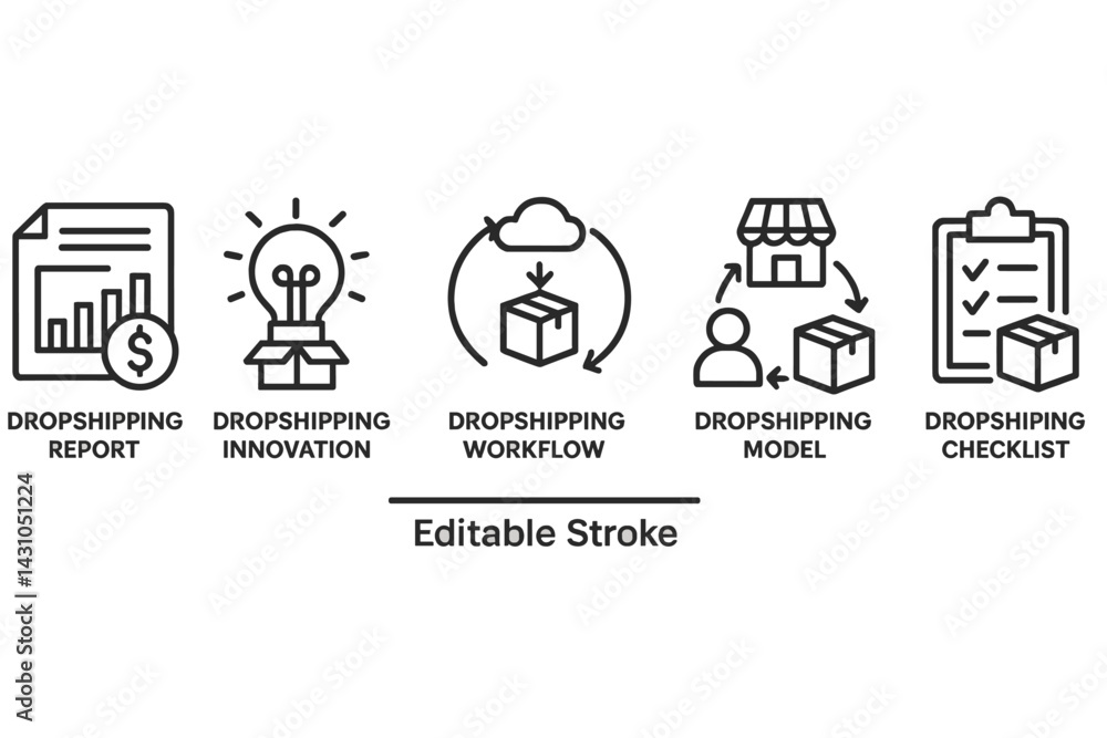 Poster vector icon set illustrating dropshipping concepts including report, innovation, workflow, model, an