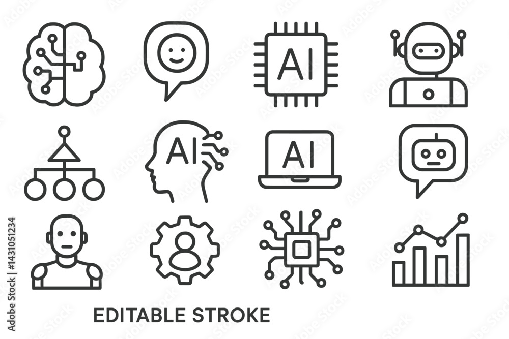 Poster explore a diverse vector icon set featuring artificial intelligence concepts and themes including te
