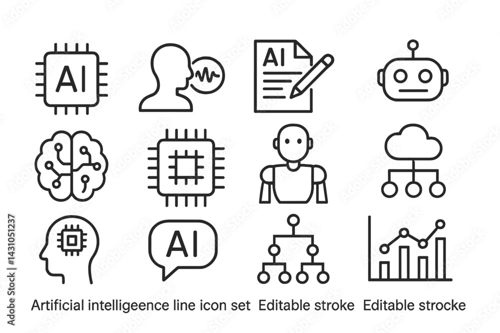 Poster vector icon set featuring artificial intelligence symbols for technology and innovation applications