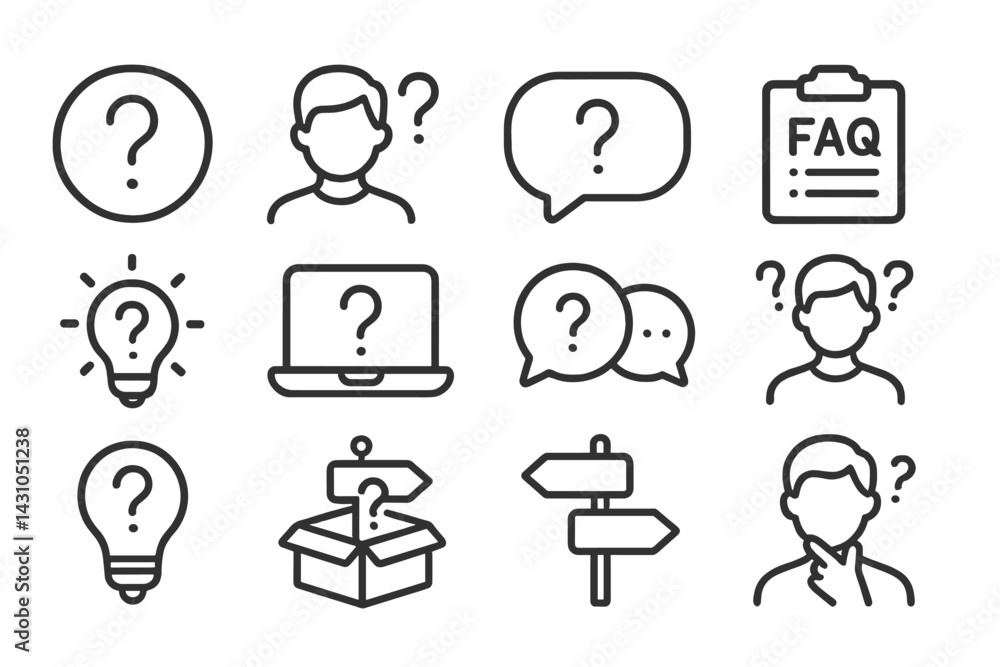 Fototapete Vector icon set featuring question marks and symbols representing inquiry and information seeking