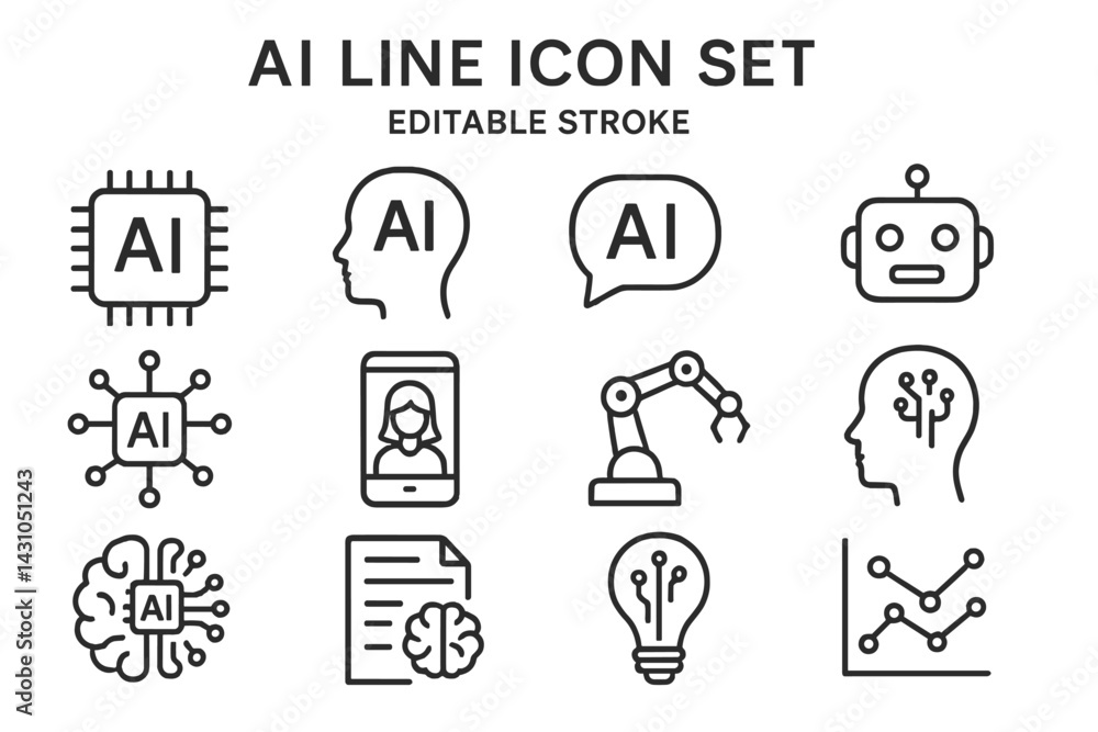 Poster vector icon set featuring artificial intelligence concepts including brain, robot, and communication