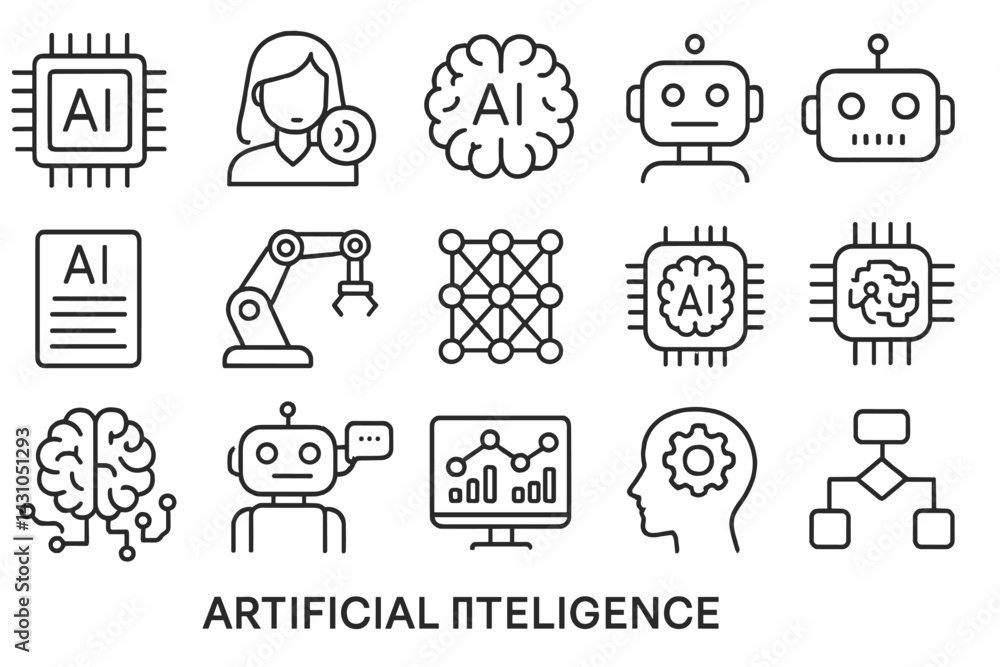 Poster collection of vector icons representing artificial intelligence concepts and technologies for modern
