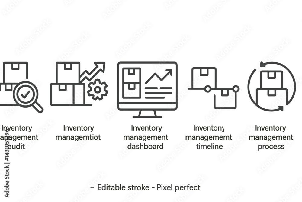 Poster vector icon set featuring inventory management processes, audits, and dashboards for streamlined bus