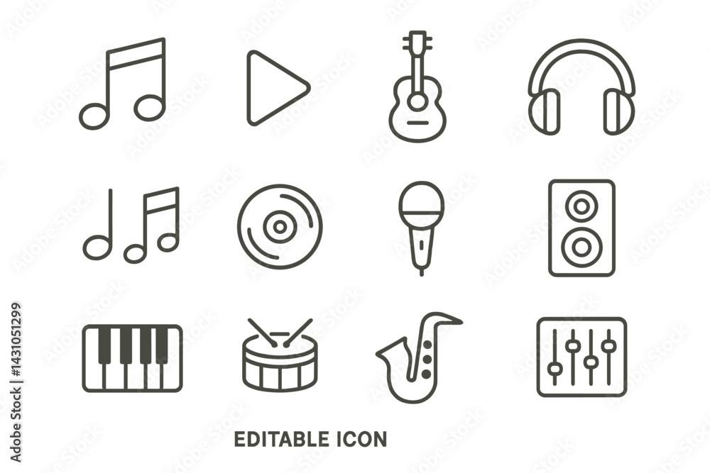 Poster vector icon set featuring music symbols and instruments for creative projects and applications