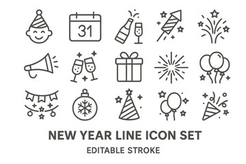 New Year celebration vector icon set featuring festive symbols and activities for the holiday season