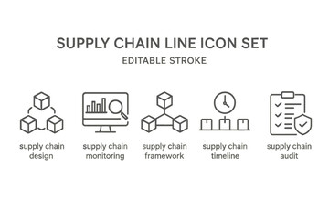 Vector icon set depicting various aspects of supply chain management including design, monitoring, framework, timeline, and audit processes