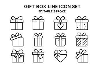 Vector icon set featuring various designs of gift boxes with ribbons and decorative elements for digital use