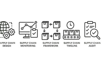 Vector icon set representing various aspects of supply chain management activities and processes for efficient operation
