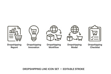 Vector icon set showcasing dropshipping concepts including report, innovation, workflow, model, and checklist illustrations