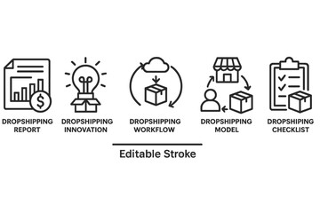 Fototapeta premium Vector icon set illustrating dropshipping concepts including report, innovation, workflow, model, and checklist for eCommerce