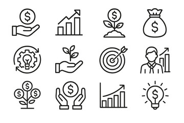 Vector icon set depicting financial growth concepts with hand illustrations, graphs, and monetary symbols for business and investment ideas