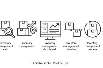 Vector icon set featuring inventory management processes, audits, and dashboards for streamlined business operations